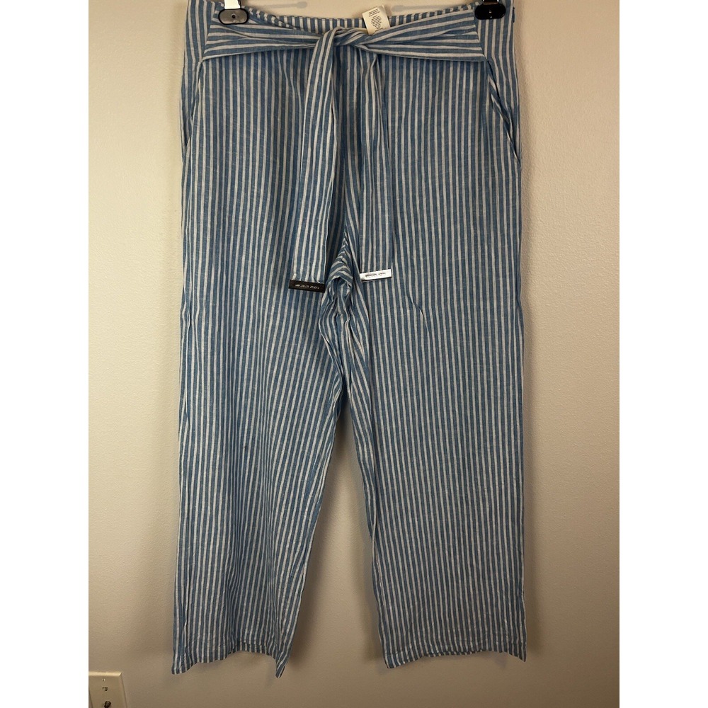 Michael Kors Pants Womens 10 Blue White Striped Tie-Waist‎ Linen Cotton Wide Leg